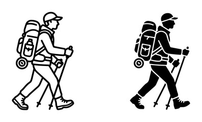 Fototapeta premium Silhouette of a Hiker with Backpack and Poles, Outline and Solid Vector Graphics for Outdoor Adventure and Travel