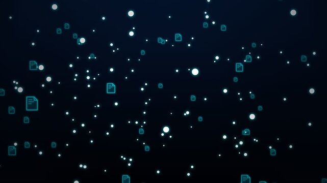 Abstract digital data flow with glowing particles and file icons