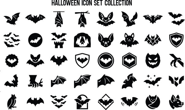 Halloween icons set collection spooky bat ghost and pumpkin vector graphics for festive designs