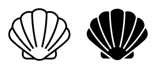 Scallop Shell Icons, Outline and Solid Fill Vector Graphics, Marine Life Symbols for Coastal and Ocean Themes © tasfiya
