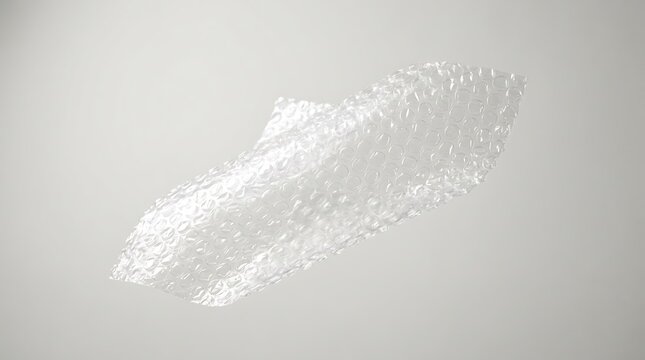 Transparent bubble wrap sheet floating with airs against a neutral studio backdrop plastic clear packaging pocket.