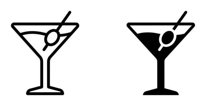 Martini Glass Icons, Cocktail Drink Symbols, Bar Beverage Graphics, Two Styles, Black and White Line Art