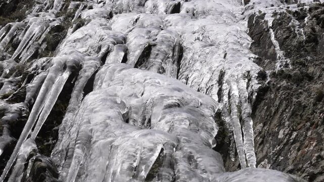 Dense icicles covering a frozen alpine rock face