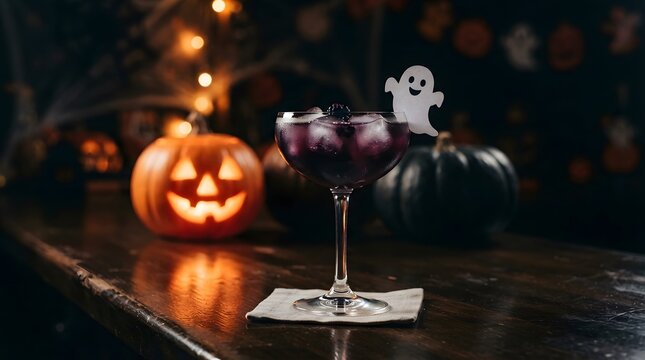 Purple halloween cocktail in a coupe glass with ice, garnished with a cute ghost cutout, on a wooden bar with pumpkins