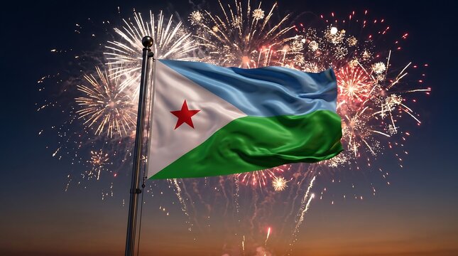Waving national flag of Djibouti on flagpole against night sky background with exploding colorful fireworks