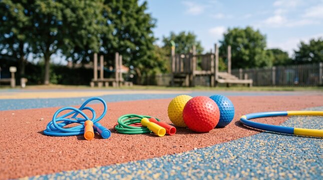 Bright playground sports equipment set arranged on rubberized surface