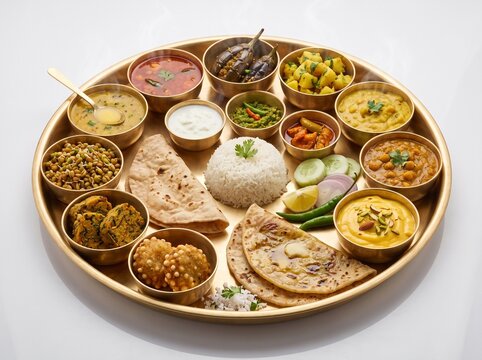 Authentic Traditional Maharashtrian Thali with Classic Maharashtra Cuisine Isolated on White Background