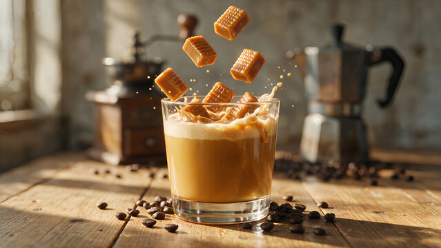 Caramel squares splashing into an iced coffee glass on sunny wooden table
