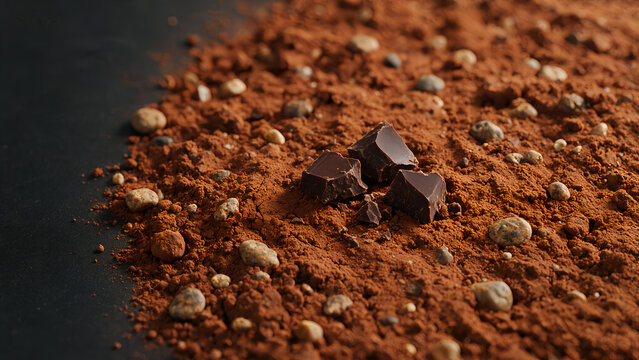 Dark chocolate chunks with cocoa powder and nuts on slate background top view