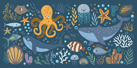 Marine Life Illustration With Octopus Whales And Various Fish © Raben