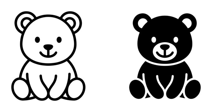 Cute Teddy Bear Icons, Black and White Vector Graphics, Adorable Stuffed Animal Illustrations for Children's Designs, Baby Shower Themes, and Playful Branding