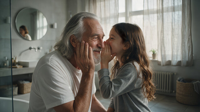 Little girl whispering secret to happy grandfather indoors at home