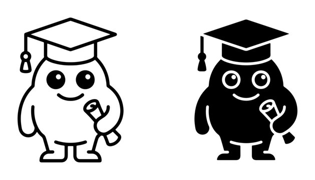 Cute Graduation Character Vector Set, Cartoon Mascot with Diploma and Cap, Education Achievement Icon, Black and White Outline and Solid Fill