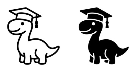Cute Dinosaur Graduation Icons, Cartoon Brontosaurus Character with Cap, Educational Vector Graphics for Kids and Learning © Riadul