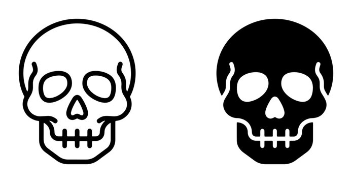 Two Skull Icons, Black and White Outline Vector Graphics, Symbolizing Danger, Death, Halloween, and Medical Concepts
