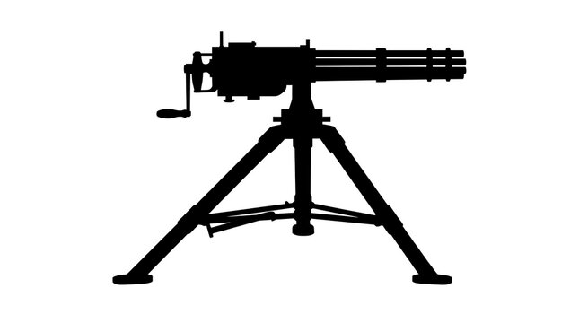 Silhouette of a vintage gatling style machine gun on a tripod