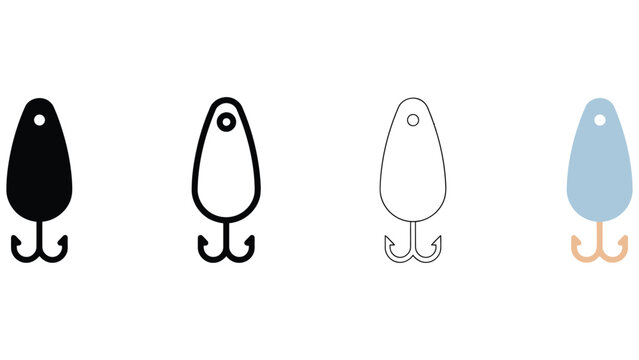 Fishing lure icon set, metal spoon bait vector, 4 angling tackle symbols Editable Vector