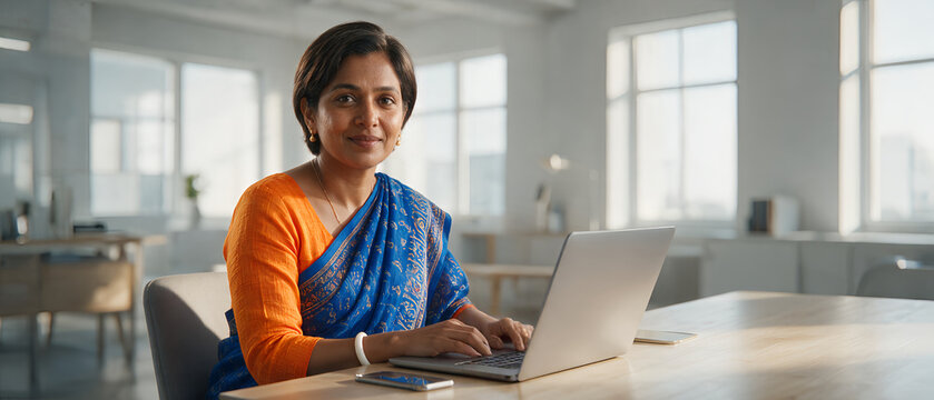 Confident Indian businesswoman sitting at office desk working on laptop