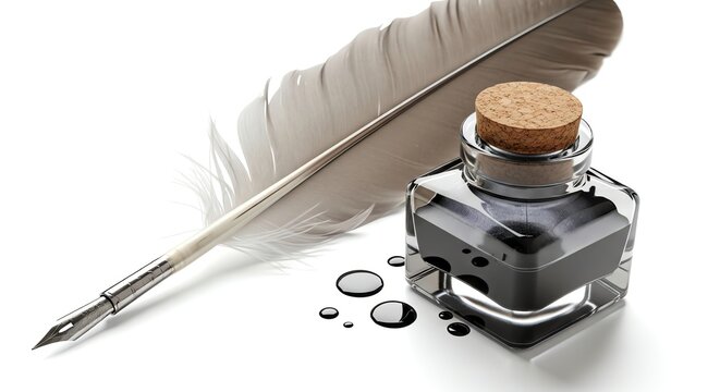 Vintage feather quill pen with glass inkwell and ink drops
