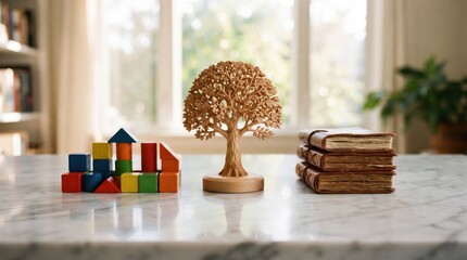 Obraz premium Bright wooden tree sculpture beside colorful building blocks and stacked books near window