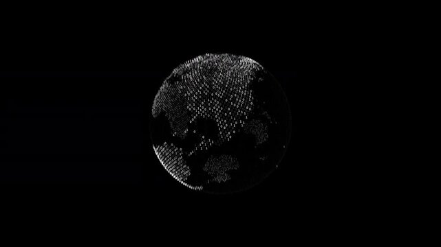 Abstract 4K motion graphics featuring a rotating world globe formed from binary digits with a wireframe grid and digital visualization effects. Ideal for cybersecurity, artificial intelligence, global