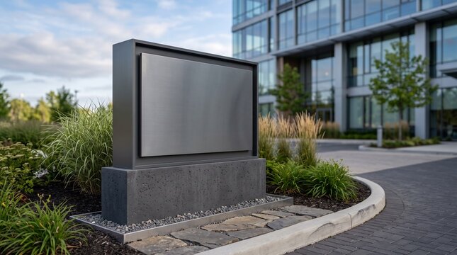 Blank metal monument sign outside office building. Empty corporate signage for branding.