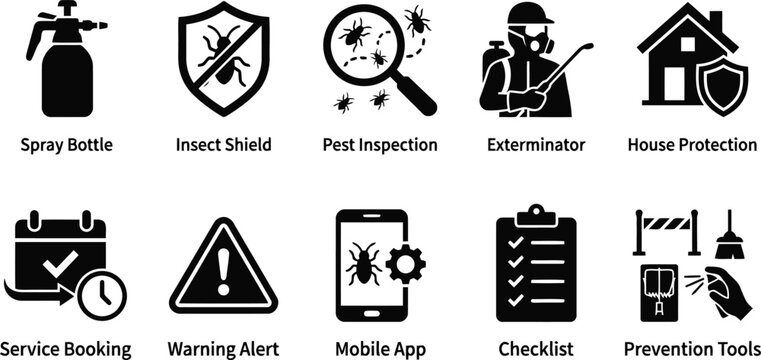 Pest Control Service Icons: Spray Bottle, Insect Shield, Exterminator, House Protection