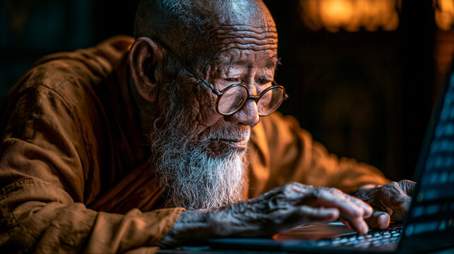 Focused senior old man with white beard looks and type at computer screen in wonder