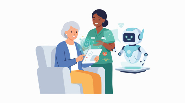 Elderly care with AI robot and nurse. Senior woman using digital tablet with medical assistant.