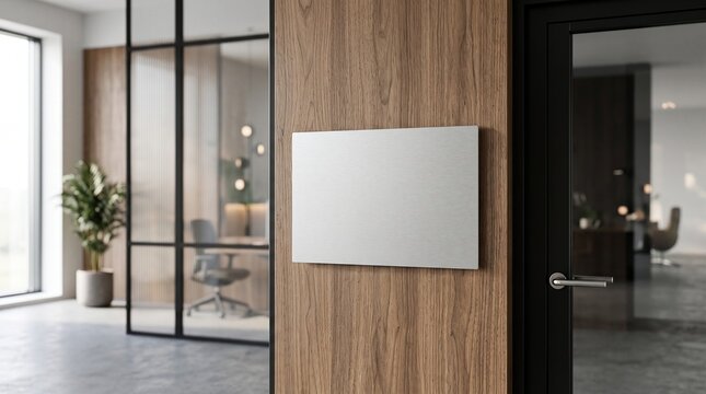 Blank door sign mockup on wood wall. Empty office nameplate for corporate branding design.