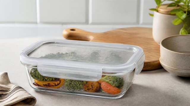 Fresh Vegetables in Glass Food Container on Kitchen Counter