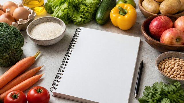 Healthy Food Ingredients and Blank Recipe Notebook