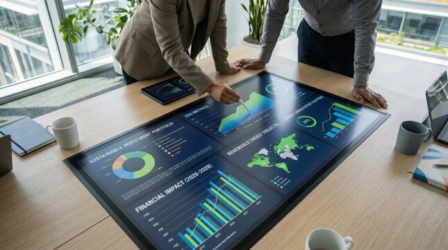 Business professionals analyzing sustainable investment portfolio on large interactive table screen, financial impact charts and renewable energy projects map for corporate stra...