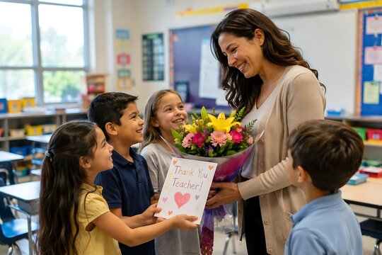 Elementary students presenting flowers and card to smiling teacher
