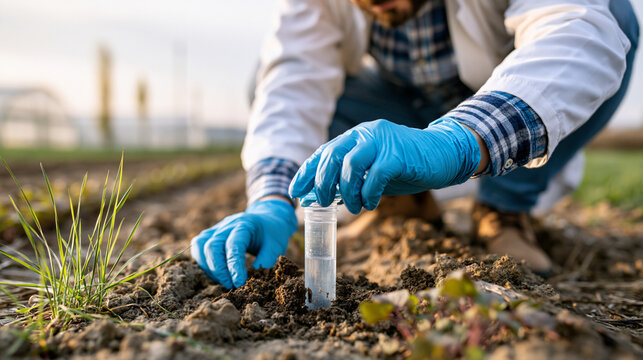 Agroecology researcher collecting soil and water samples near regenerative farm showcasing biodiversity monitoring and nature positive agriculture