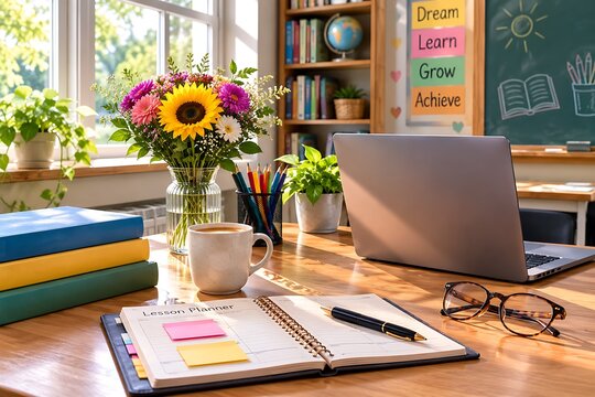 Bright teacher's desk setup with flowers laptop and lesson planner