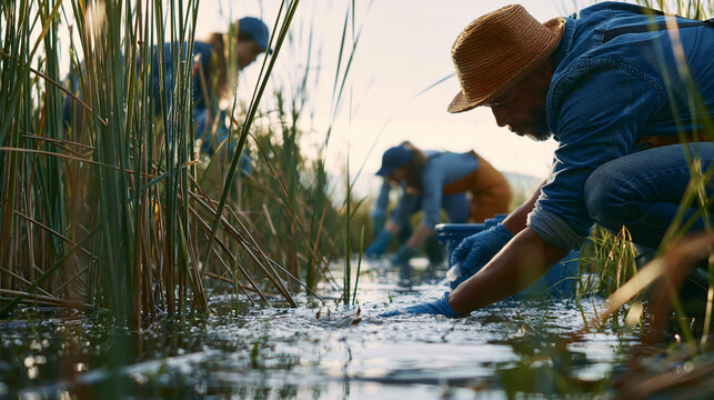 Environmental team collecting wetland water samples among reeds showcasing eDNA monitoring ecosystem health and nature positive conservation