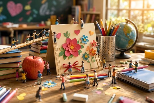 Miniature world tiny figures decorating a floral card in a classroom setting