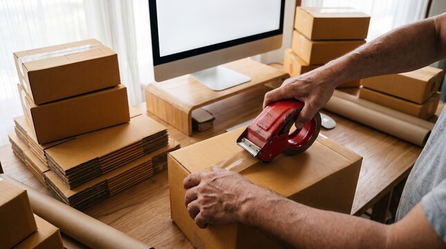 Small Business Owner Sealing Cardboard Box for Shipping in Home Office