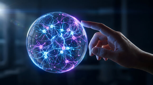 Human finger touching glowing neural network orb in futuristic laboratory