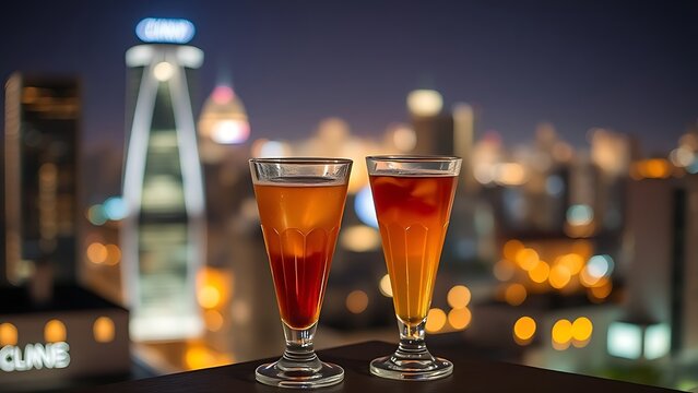 Two glasses on rooftop ledge with city lights bokeh and warm ambient glow.