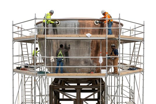 Construction workers assemble large industrial structure using scaffolding