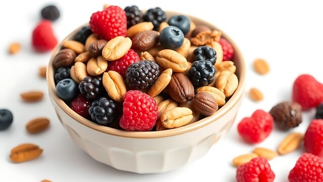 Bowl filled with heart-healthy foods like nuts and berries, closeup shot.