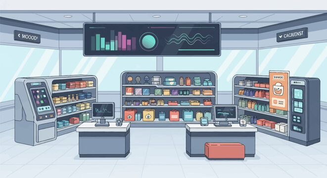 Modern retail store interior vector illustration in clean chibi style with organized product shelving, checkout counters, digital data displays, and automated self-service kiosks.