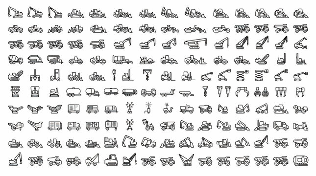 Heavy equipment line icon collection. Industrial machinery vector symbols.