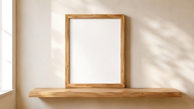 Minimalist wooden framed poster mockup on floating shelf