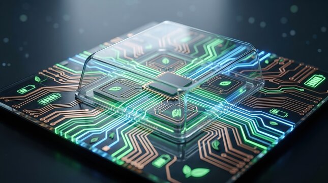 Futuristic microchip on glowing circuit board, green technology concept, electronic processor with eco symbols, sustainable computing hardware, digital innovation, artificial in...