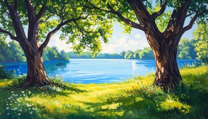 Fototapeta premium Scenic Forest Trail to a Crystal Clear Lake on a Sunny Summer Day