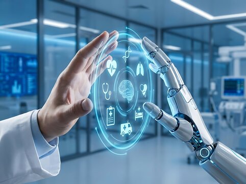Human doctor and robotic hand interacting with digital healthcare interface in modern hospital setting