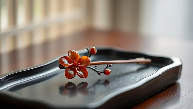 A tortoiseshell hairpin with a carved cherry blossom on a black lacquer tray.